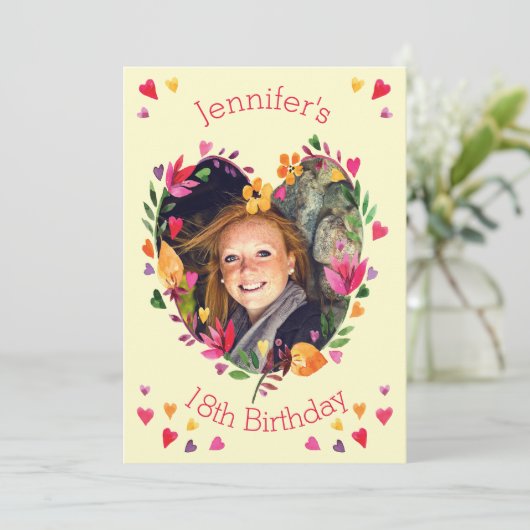 Waterverf Floral Heart Wreath 18th Birthday Foto Kaart (Staand voorkant)