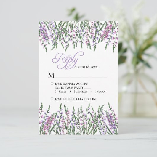 Waterverf Floral Heather Wedding RSVP Kaartje (Staand voorkant)