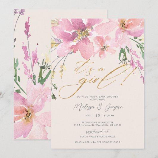 Waterverf Floral Het is een meisje Baby shower Kaart (Voorkant / Achterkant)