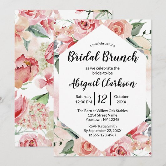 Waterverf Floral Hexagon Bridal Brunch Shower Kaart (Voorkant / Achterkant)