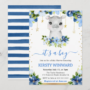 Waterverf Floral Hippo Boy Baby shower Kaart