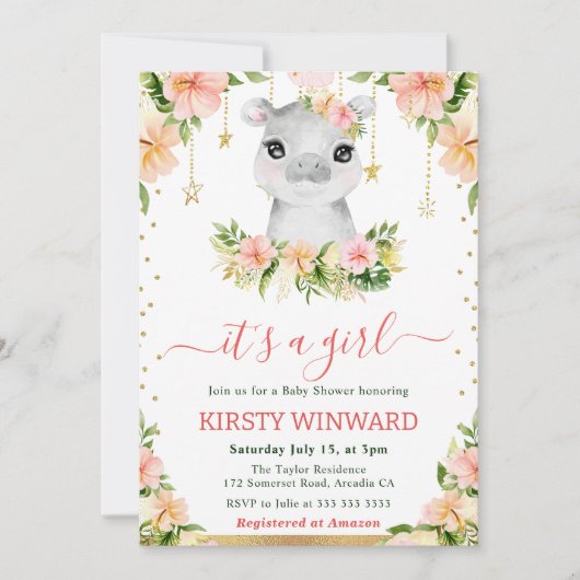 Waterverf Floral Hippo Meisje Baby shower Kaart (Voorkant)