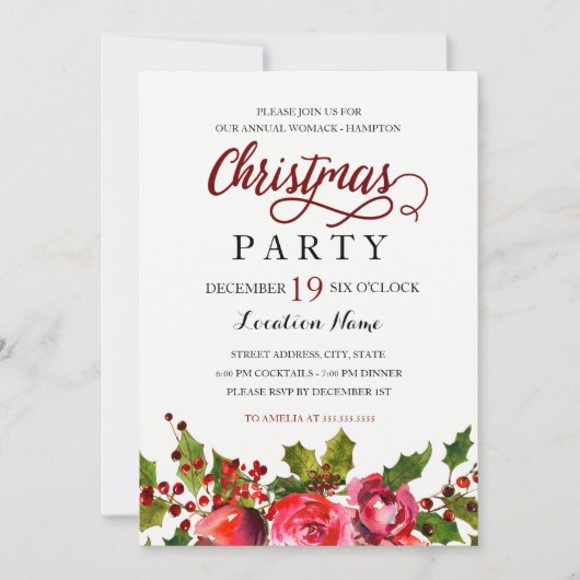 Waterverf Floral Holly Wreate Kerstparty Kaart (Voorkant)