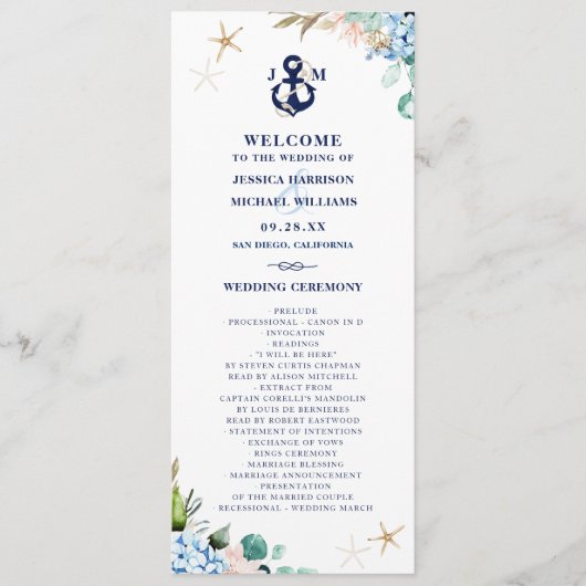 Waterverf Floral Hydrangea Anchor Beach Wedding Programmakaart (Voorkant)