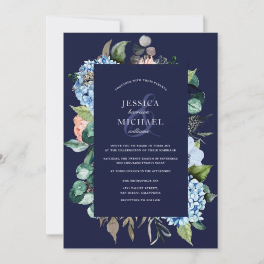 Waterverf Floral Hydrangea Deep Blue Wedding Kaart (Voorkant)