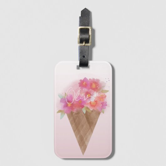 Waterverf Floral Ice Cream Cone met naam Bagagelabel (Voorkant (verticaal))