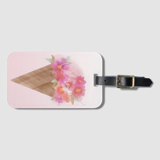 Waterverf Floral Ice Cream Cone met naam Bagagelabel (Voorkant (horizontaal))