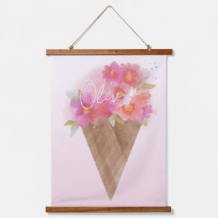 Waterverf Floral Ice Cream Cone met naam Hangend Wandkleed