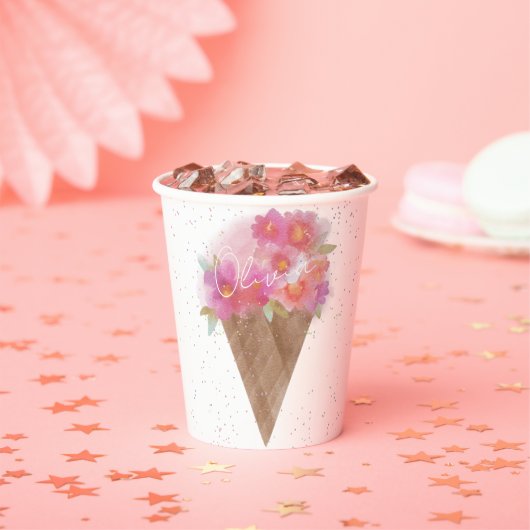 Waterverf Floral Ice Cream Cone met naam Papieren Bekers (Insitu)