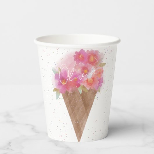 Waterverf Floral Ice Cream Cone met naam Papieren Bekers (Achterkant)