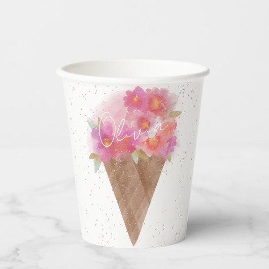 Waterverf Floral Ice Cream Cone met naam Papieren Bekers (Voorkant)
