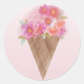 Waterverf Floral Ice Cream Cone met naam Ronde Sticker (Voorkant)