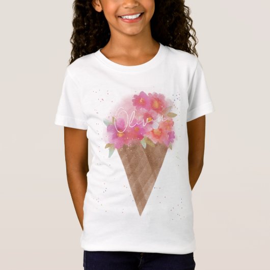 Waterverf Floral Ice Cream Cone met naam T-shirt (Voorkant)