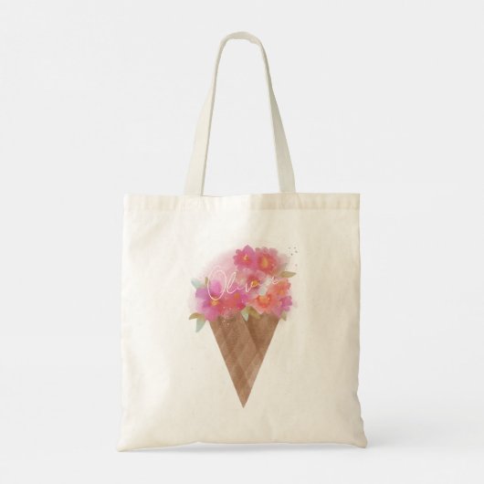Waterverf Floral Ice Cream Cone met naam Tote Bag (Achterkant)