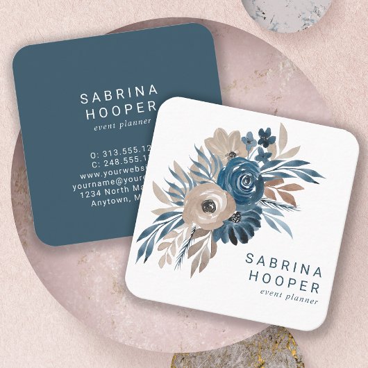 Waterverf Floral Indigo Beige Rond Korners Vierkante Visitekaartje