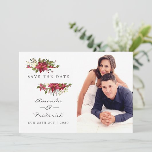 Waterverf Floral kerstbruiloft Save the Date Kaart (Staand voorkant)