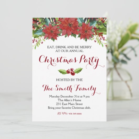 Waterverf Floral-kerstfeest uitnodiging (Staand voorkant)