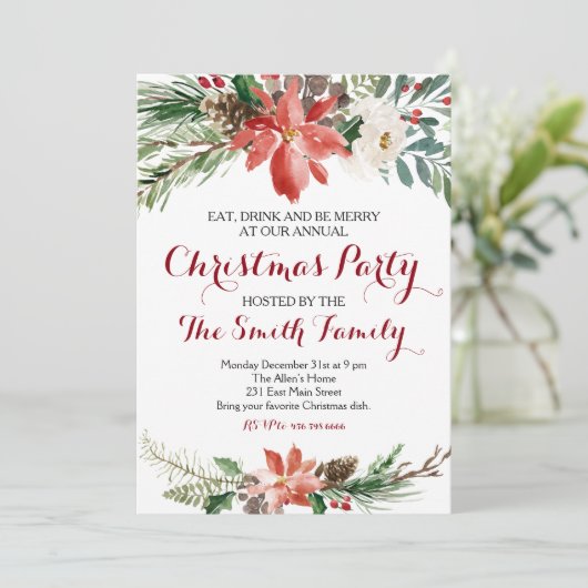 Waterverf Floral-kerstfeest uitnodiging (Staand voorkant)