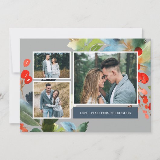 Waterverf Floral Kerstmis 3 Foto collage | Grijs Feestdagenkaart (Voorkant)