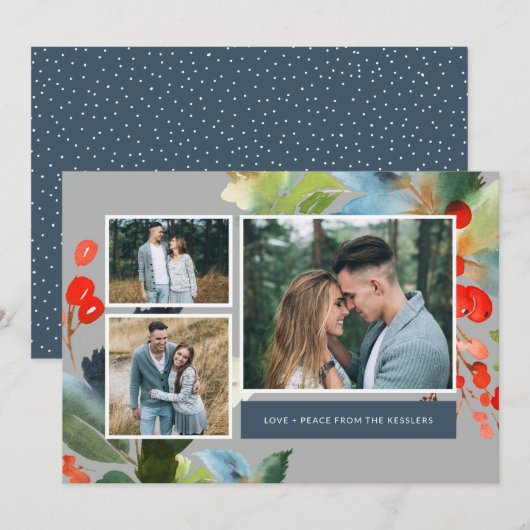 Waterverf Floral Kerstmis 3 Foto collage | Grijs Feestdagenkaart (Voorkant / Achterkant)