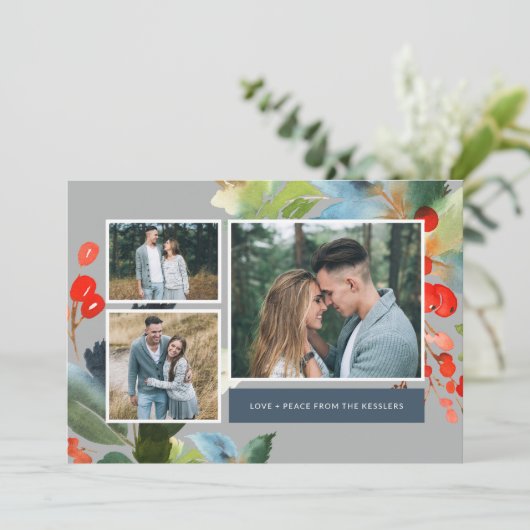 Waterverf Floral Kerstmis 3 Foto collage | Grijs Feestdagenkaart (Staand voorkant)