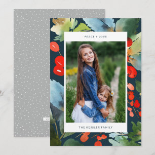 Waterverf Floral kerststijlvolle foto Blauw Feestdagenkaart