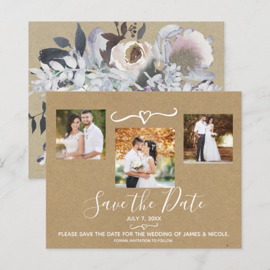Waterverf Floral Kraft Foto Save the Date (Voorkant / Achterkant)