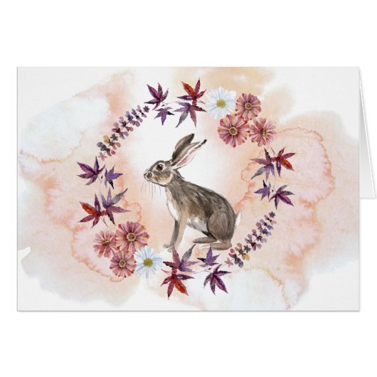 Waterverf Floral Krans en Hare Note Kaart (Voorkant Horizontaal)