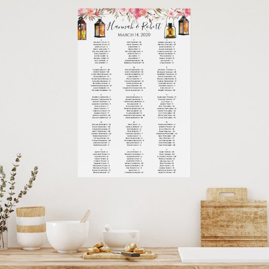 Waterverf Floral Lantern Wedding Seating Chart Poster (Keuken)