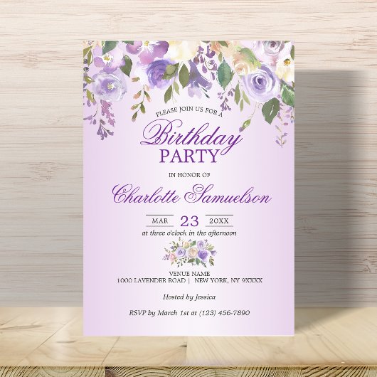 Waterverf Floral Lavender Paars BIRTHDAY Kaart