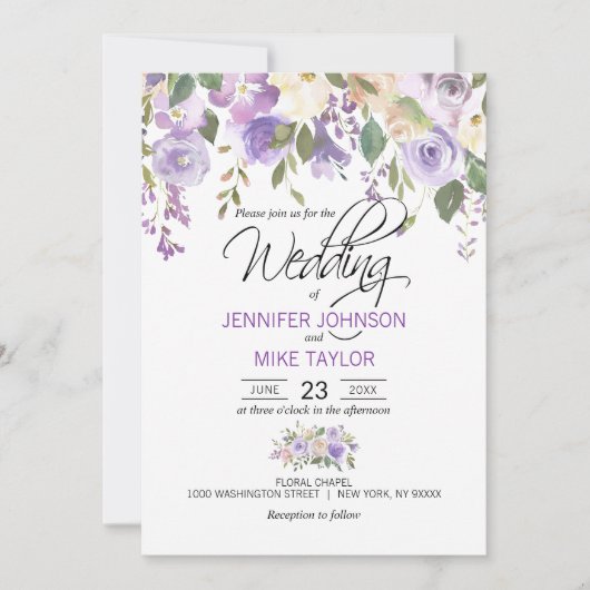 Waterverf Floral Lavender Paars Lila huwelijk Kaart (Voorkant)