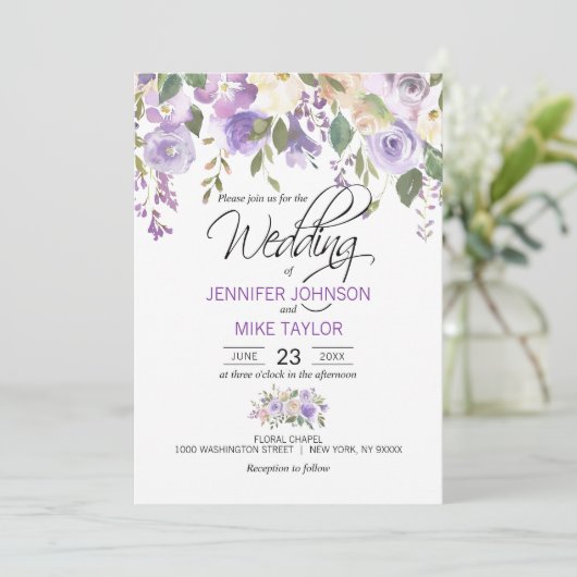 Waterverf Floral Lavender Paars Lila huwelijk Kaart (Staand voorkant)
