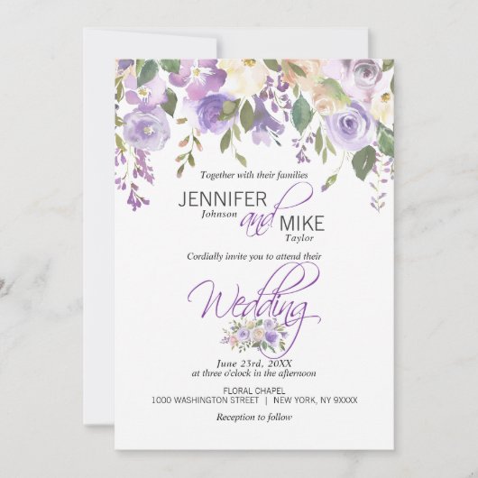 Waterverf Floral Lavender Paars Lila huwelijk Kaart (Voorkant)