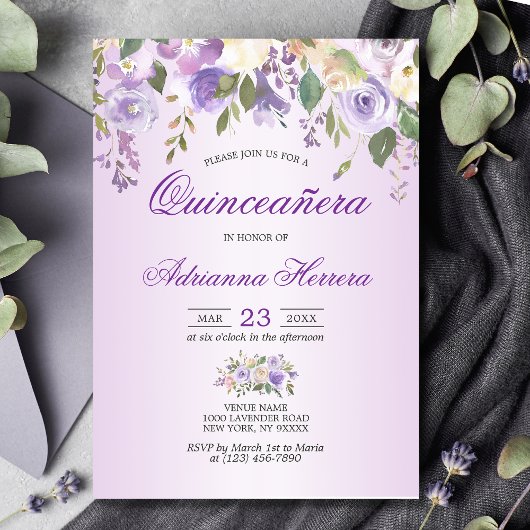 Waterverf Floral Lavender Paars Quinceañera Kaart