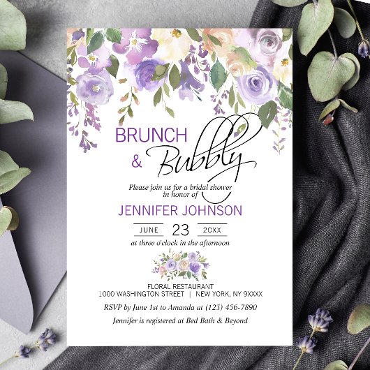 Waterverf Floral Lavender Paarse Bridal Brunch Kaart
