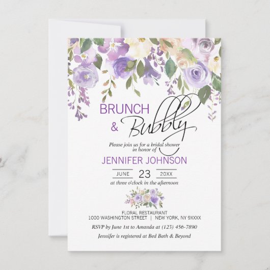Waterverf Floral Lavender Paarse Bridal Brunch Kaart (Voorkant)