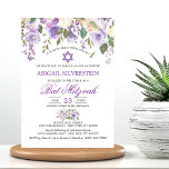 Waterverf Floral Lavender Paarse Star Bat Mitzvah Kaart<br><div class="desc">Eenvoudig elegant bloemetvormig bouquetontwerp in waterverf (waterverf) groen groen,  lavender,  paars,  violet,  lila,  wazige roze,  perzik,  witte rozen/pony op witte achtergrond en donkergroene sage letters. Fijne BBT MITZVAH uitnodigingen voor meisjes. Ster van David in het midden.</div>