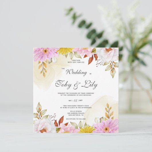 Waterverf Floral Leaves Invitation (Staand voorkant)