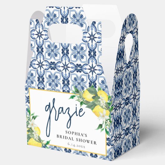 Waterverf Floral Lemon Positano Blauwe Tegel Bedankdoosjes (Geopend)