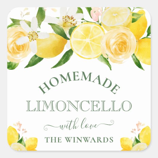 Waterverf Floral Lemons Homemade Limoncello Vierkante Sticker (Voorkant)