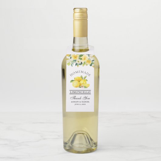 Waterverf Floral Lemons Limoncello Wedding  Flessenhanger (Op fles)