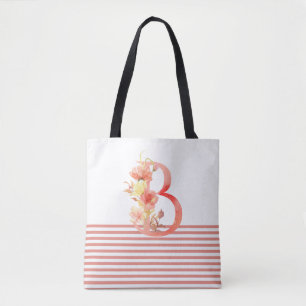 Waterverf Floral letter B Roze streep Tote Bag