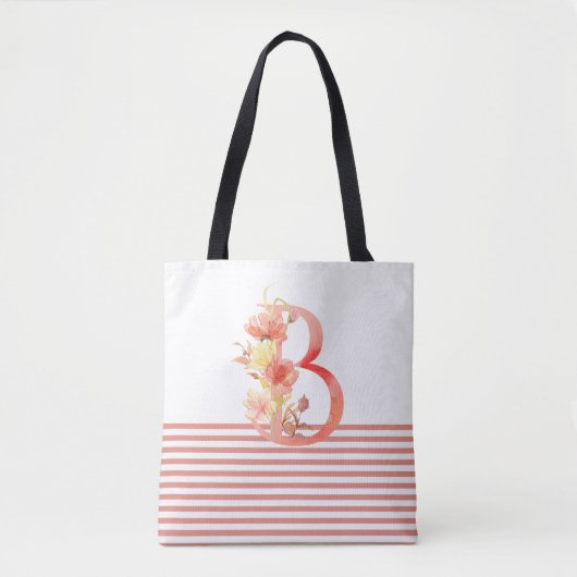  Waterverf Floral letter B Roze streep Tote Bag (Voorkant)