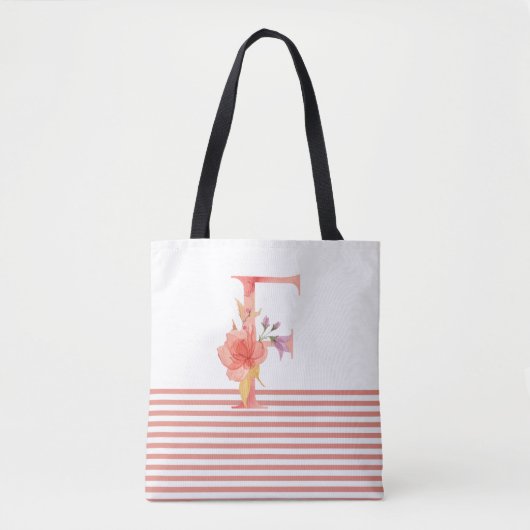  Waterverf Floral Letter "F" roze streep Tote Bag (Voorkant)