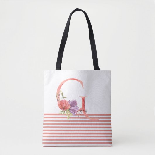  Waterverf Floral letter "G" roze streep Tote Bag (Voorkant)