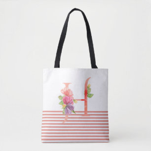 Waterverf Floral letter "H" Roze streep Tote Bag