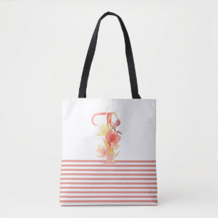  Waterverf Floral letter "I" roze streep Tote Bag