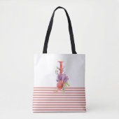  Waterverf Floral letter "J" roze streep Tote Bag (Voorkant)