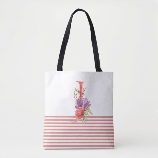  Waterverf Floral letter "J" roze streep Tote Bag (Voorkant)