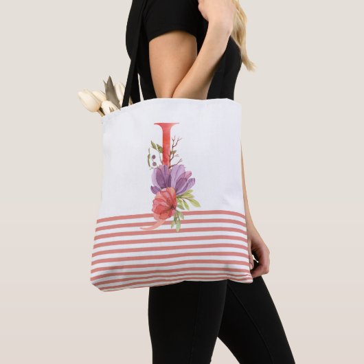  Waterverf Floral letter "J" roze streep Tote Bag (Dichtbij)